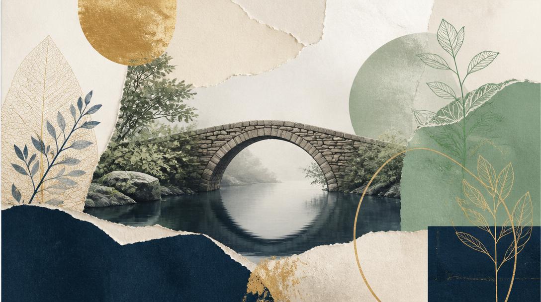 Editorial collage: a stone footbridge arcing through mist above still water, framed by navy, sage, and gold paper layers.