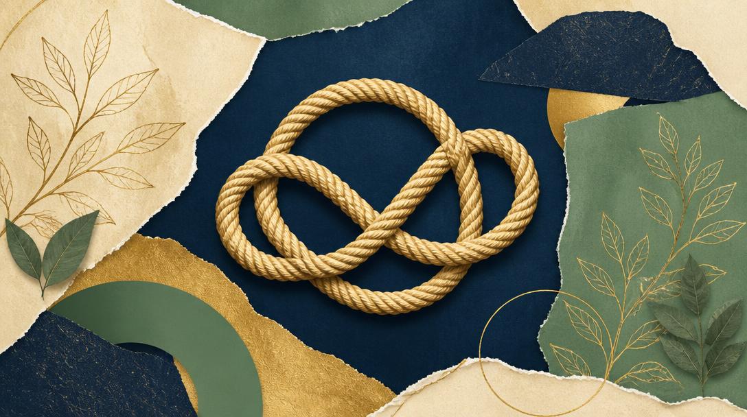Editorial collage: a rope coiled into an endless loop on a deep navy ground, surrounded by sage and gold paper shapes.