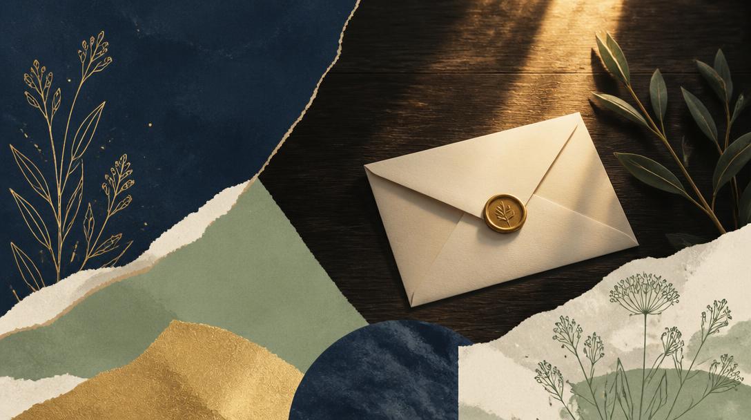 Editorial collage: a sealed letter with a gold wax seal on a dark wooden table, framed by sage and navy torn paper.