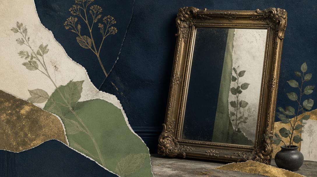 Editorial collage: an ornate antique mirror leaning against a deep navy wall, surrounded by torn paper and botanical line drawings.
